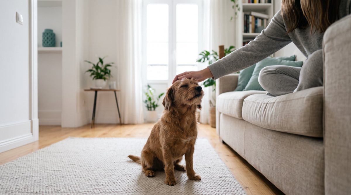 Cão sentado num tapete claro ao lado de um sofá de tecido bege, numa sala luminosa