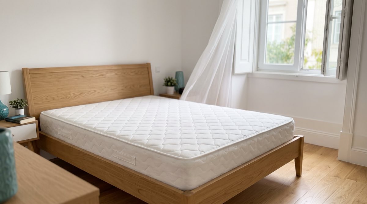 Colchão branco numa cama de madeira, num quarto arejado com a janela aberta