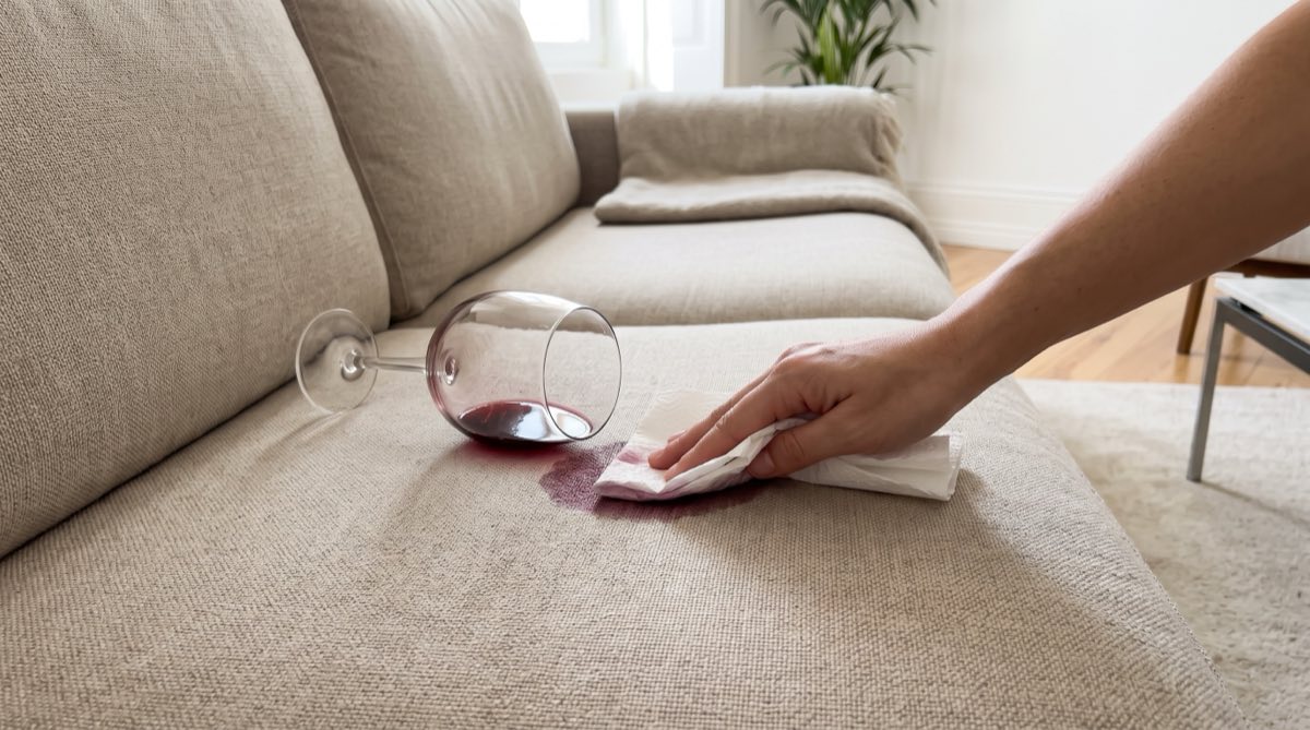 Mão absorve com papel uma nódoa de vinho tinto num sofá bege, ao lado de um copo tombado