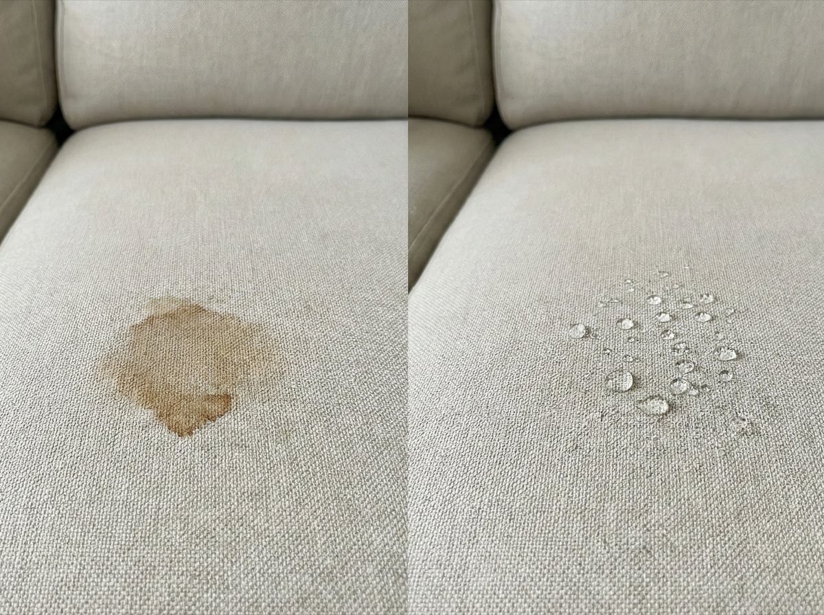 Tecido sem proteção com nódoa e tecido impermeabilizado com o líquido em gotas