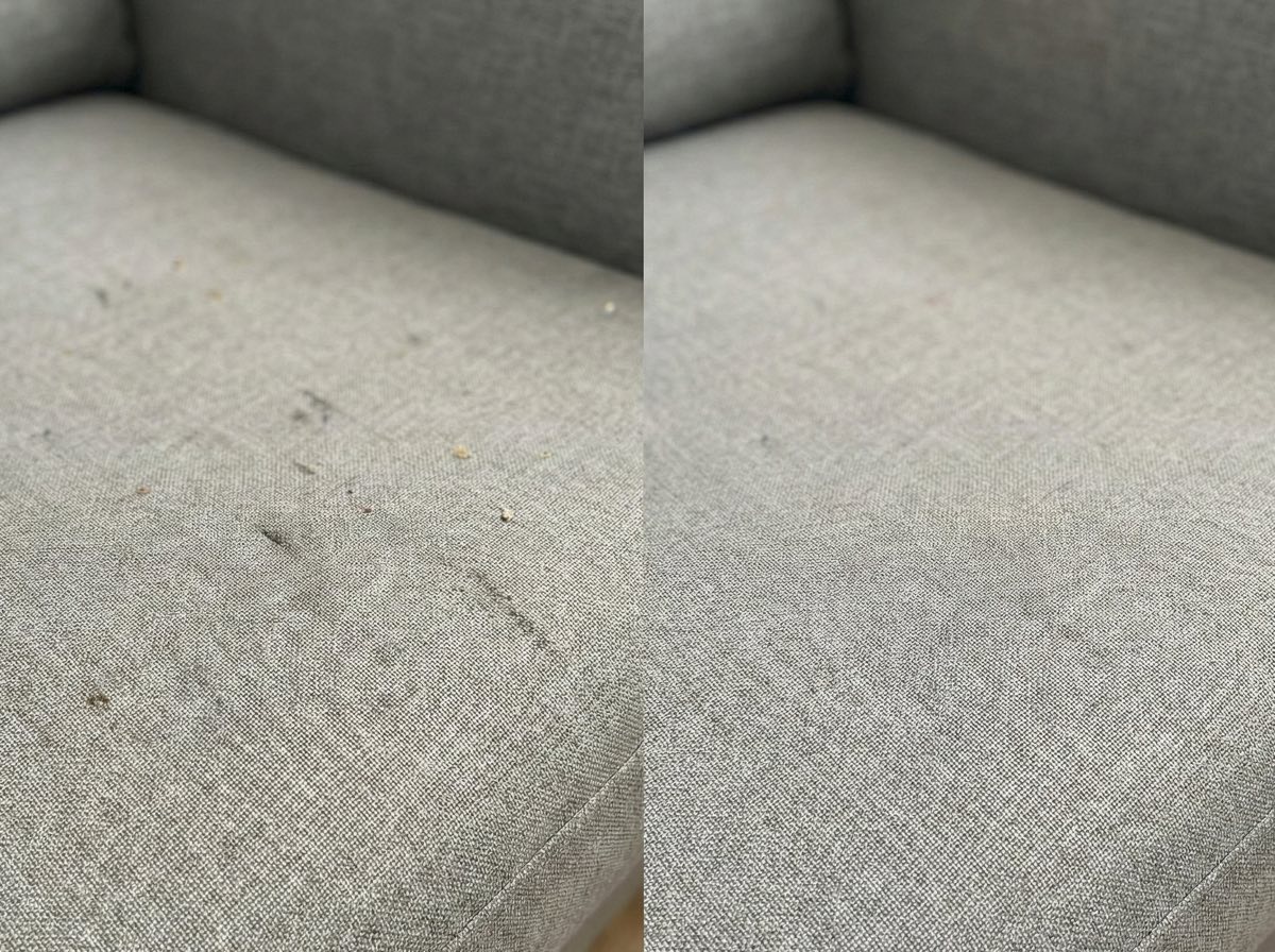 Sofá cinzento: antes e depois da limpeza
