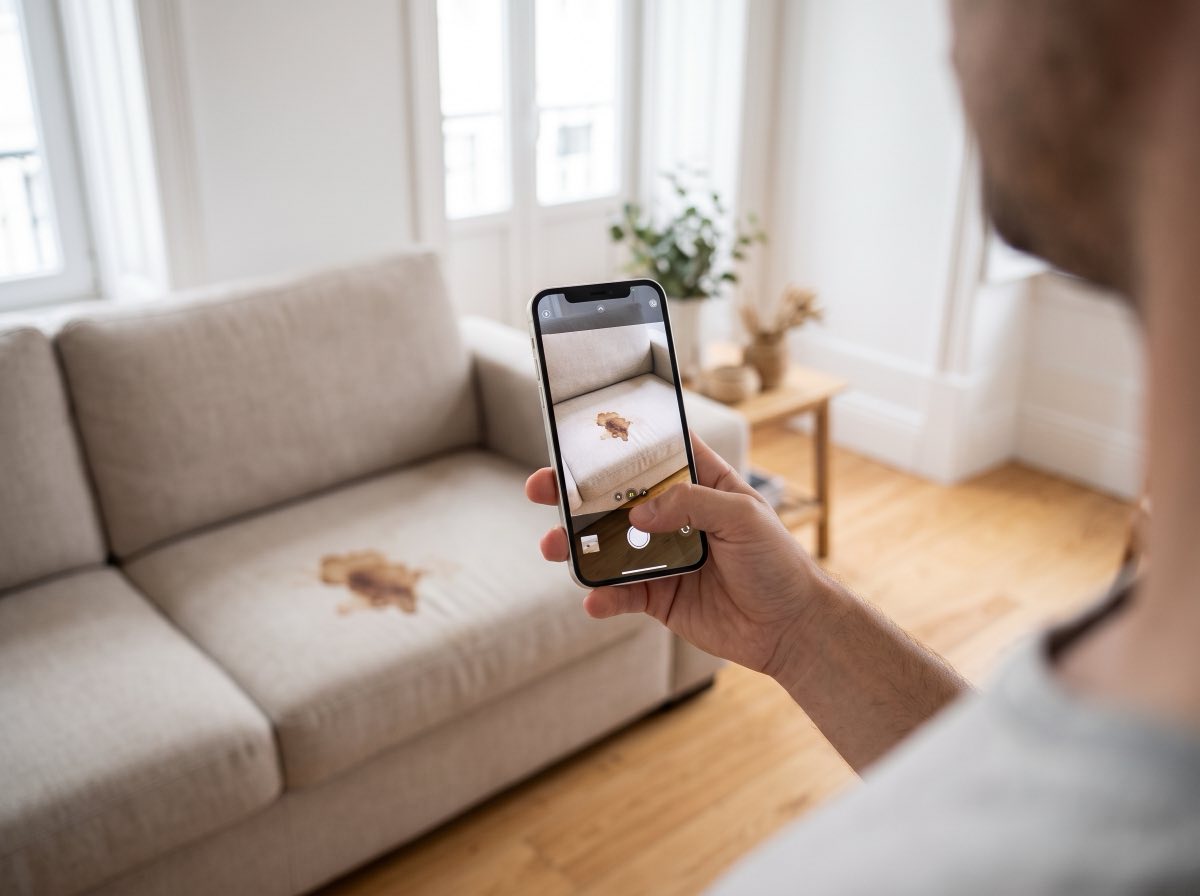 Cliente a fotografar o sofá para enviar por WhatsApp