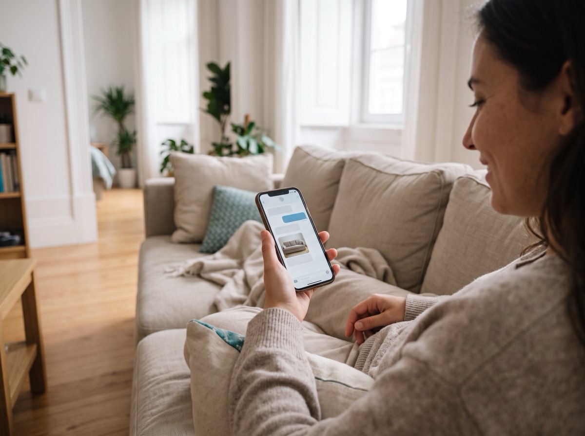 Cliente a ler o orçamento no telemóvel, sentada no sofá